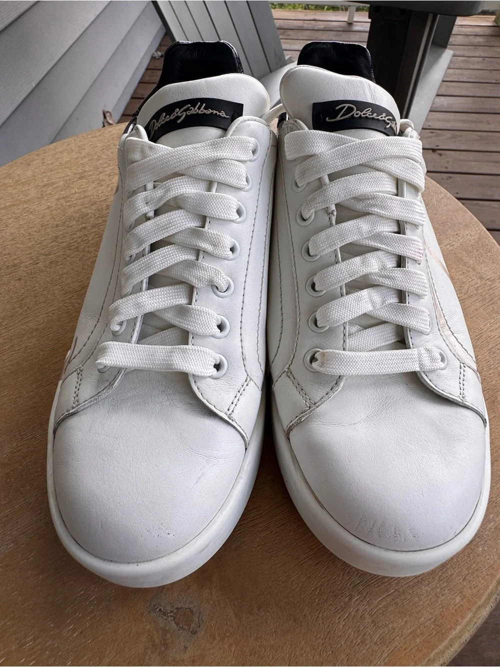 Dolce & Gabbana Portofino Leather Sneakers White Black Logo Size 38.5